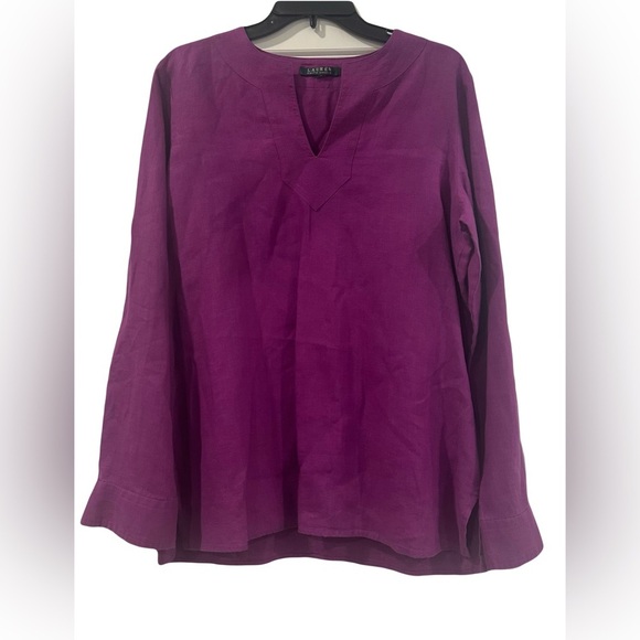 Lauren Ralph Lauren Blouse Women’s  L Purple 100% Linen Roll Tab Sleeve Tunic - Picture 1 of 8